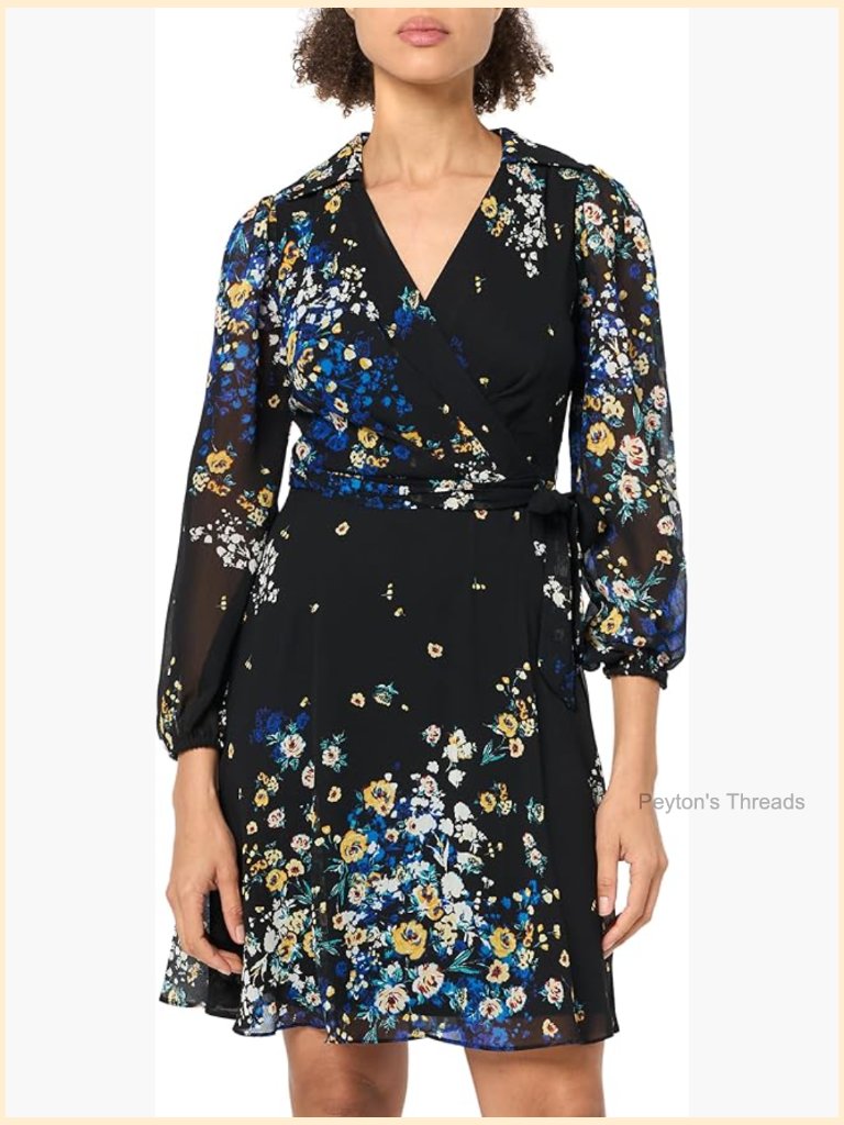 Long Sleeve Faux Wrap Dress - V-Neck, Midi Length